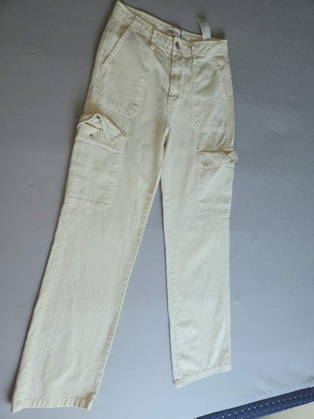 Zara Women's Cream Utility Cargo Pants Size 2 Cotton Blend Straight Leg Casual W